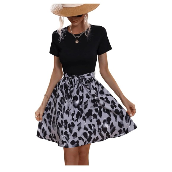 Dresses & Skirts - Mixed Material Graphic Short Sleeve Belted Mini A Line‎ Flared Skater Dress XL